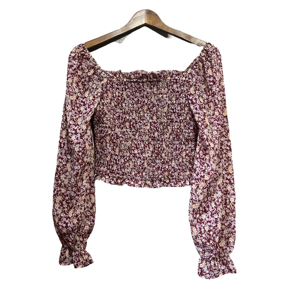Floral Smocked Long Sleeve Crop Top Square Neck Blouse‎ Burgundy Medium